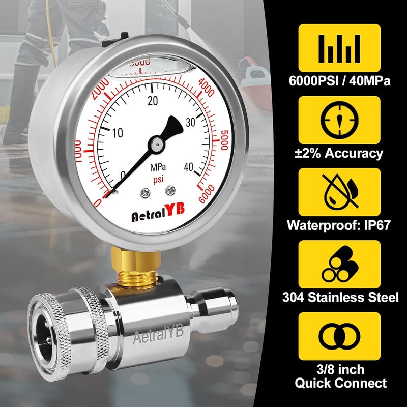 AetralYB 6000PSI Washer Pressure Gauge,3/8" Push-to-Connection Quick Connection,Stainless Steel Housing, Mpa and Psi Dual Scale, for Pressure Washer - Image 2